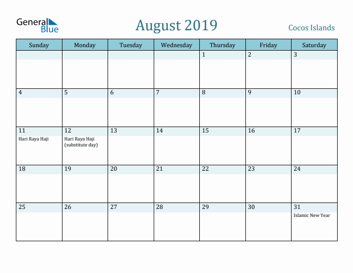 August 2019 Calendar with Holidays