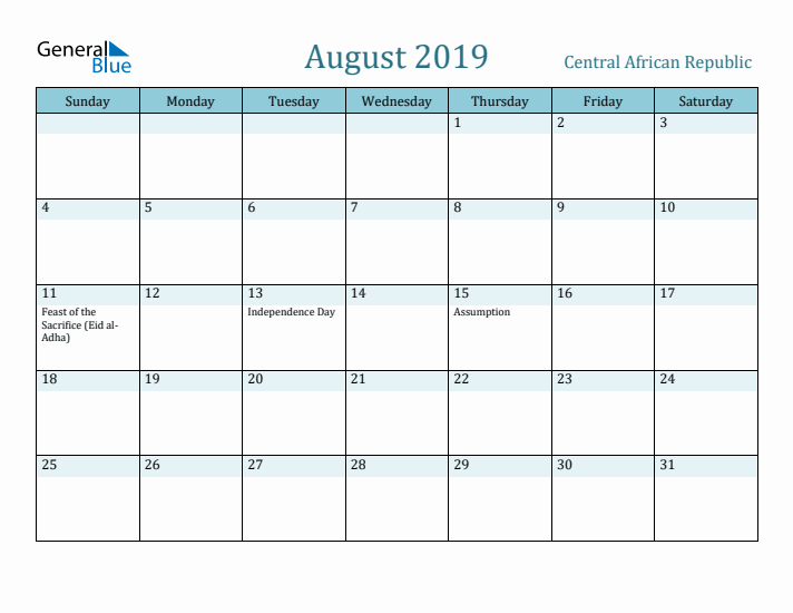 August 2019 Calendar with Holidays