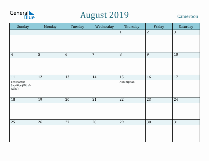 August 2019 Calendar with Holidays