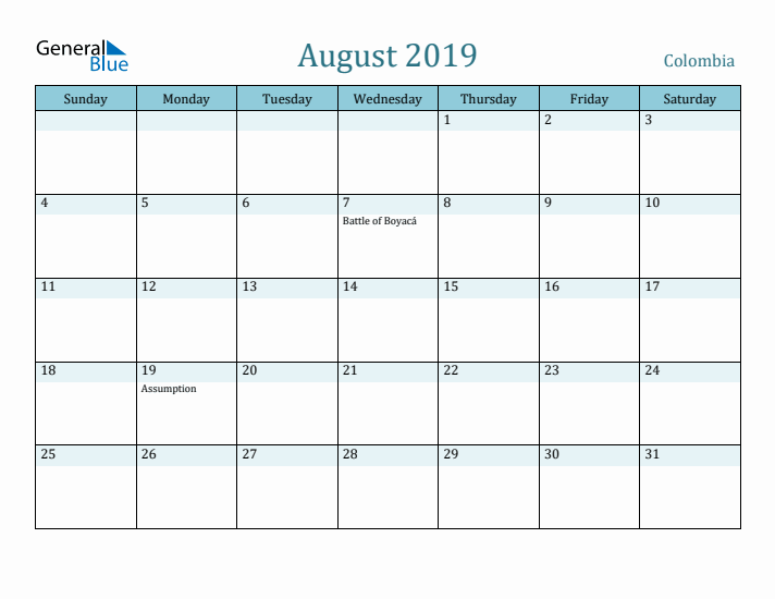 August 2019 Calendar with Holidays