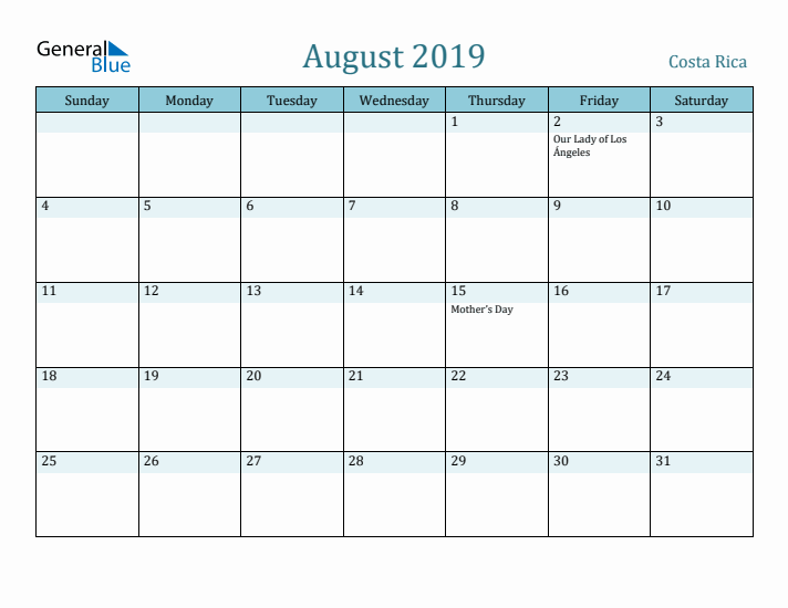 August 2019 Calendar with Holidays