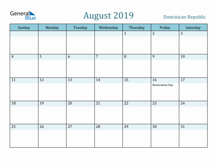 August 2019 Calendar with Holidays