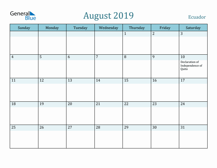 August 2019 Calendar with Holidays