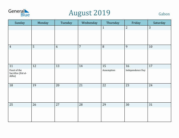 August 2019 Calendar with Holidays