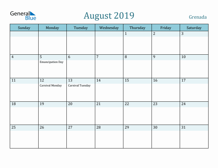 August 2019 Calendar with Holidays