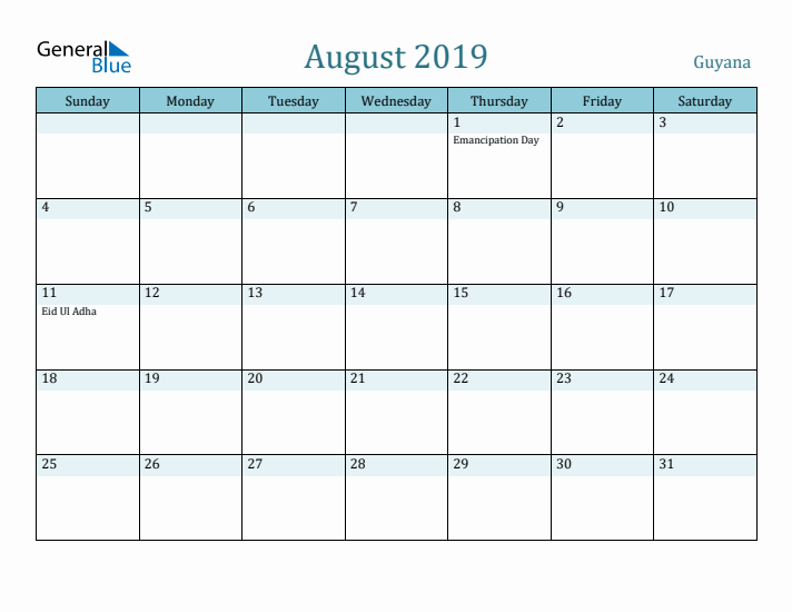 August 2019 Calendar with Holidays