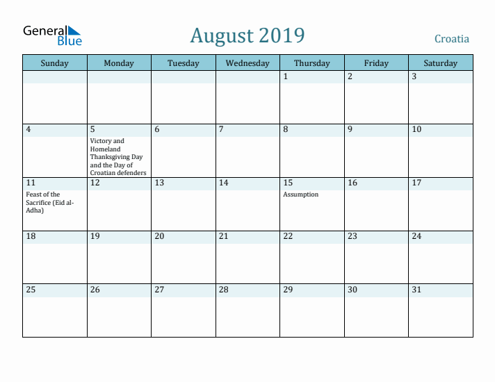 August 2019 Calendar with Holidays