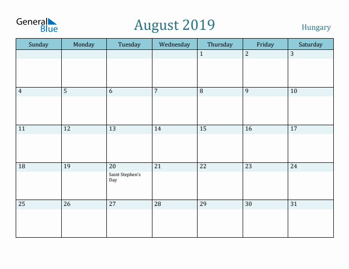 August 2019 Calendar with Holidays