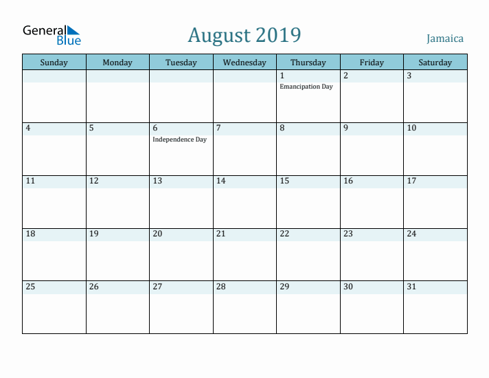 August 2019 Calendar with Holidays