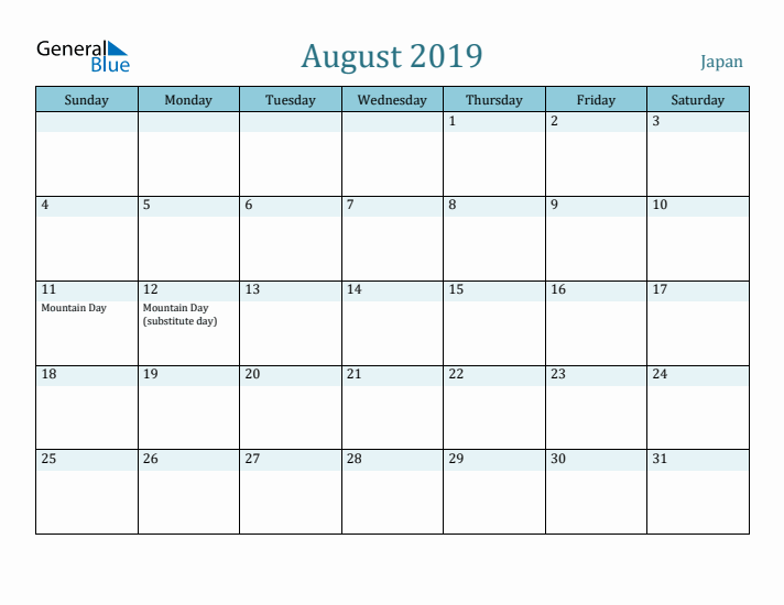 August 2019 Calendar with Holidays