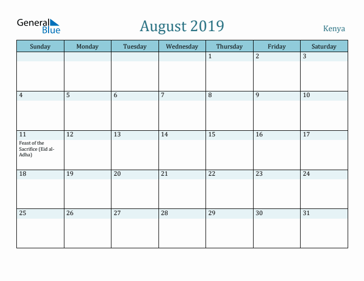 August 2019 Calendar with Holidays