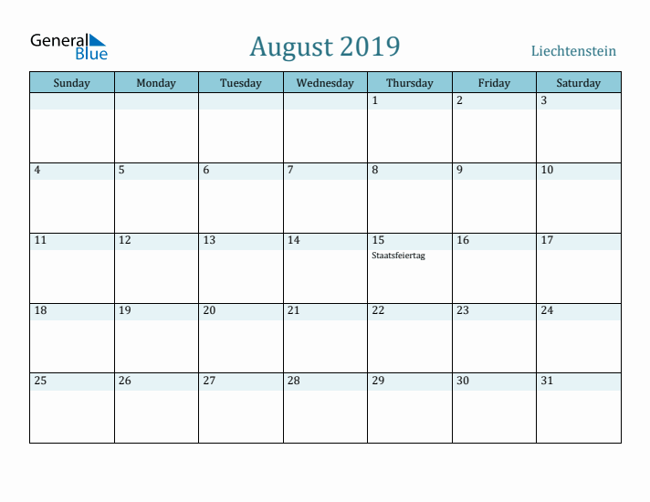 August 2019 Calendar with Holidays