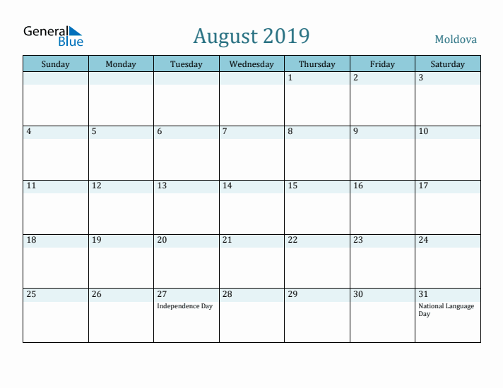 August 2019 Calendar with Holidays