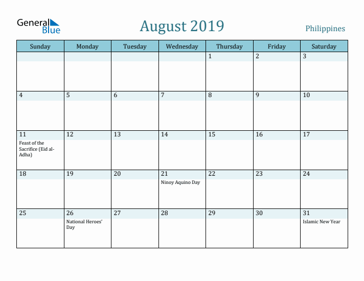 August 2019 Calendar with Holidays