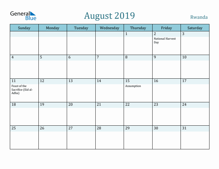 August 2019 Calendar with Holidays