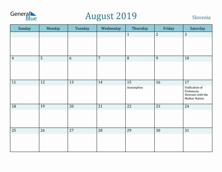 August 2019 Calendar with Holidays