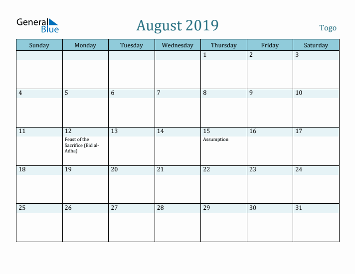 August 2019 Calendar with Holidays