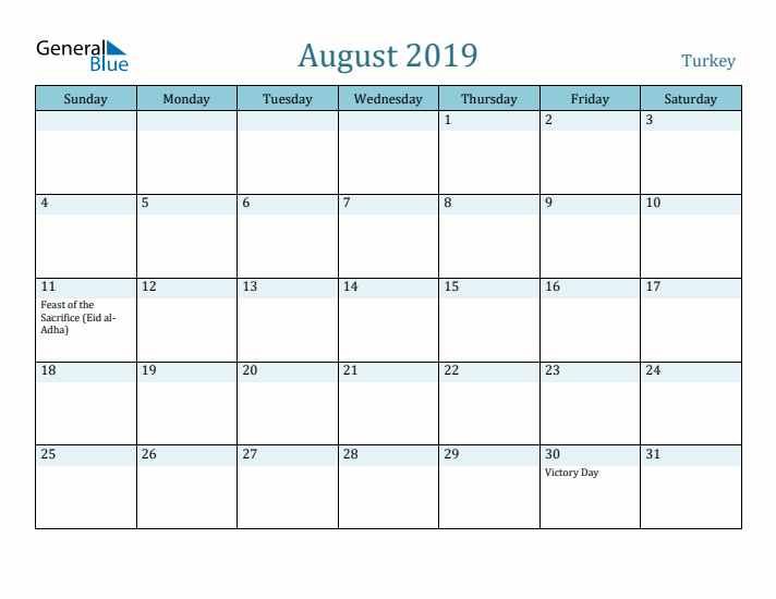 August 2019 Calendar with Holidays