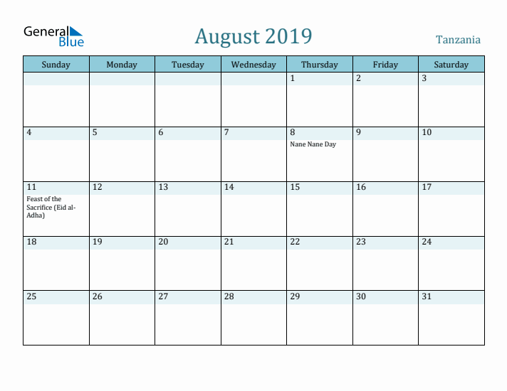 August 2019 Calendar with Holidays