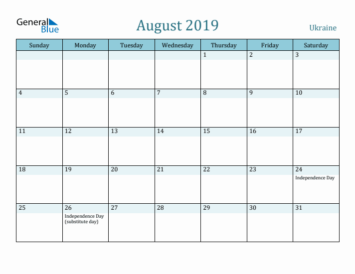 August 2019 Calendar with Holidays