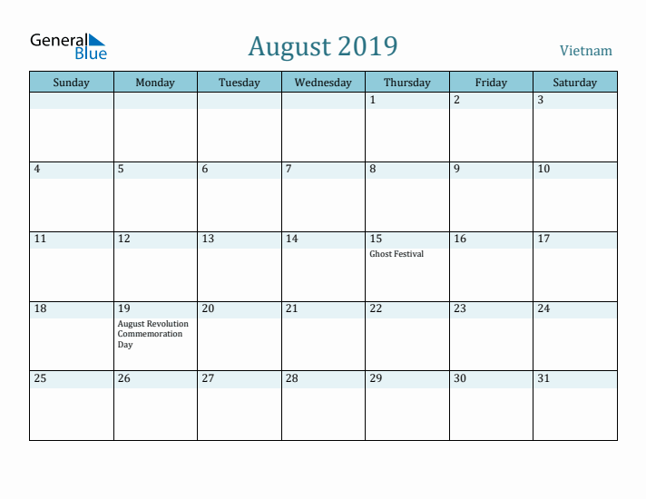 August 2019 Calendar with Holidays