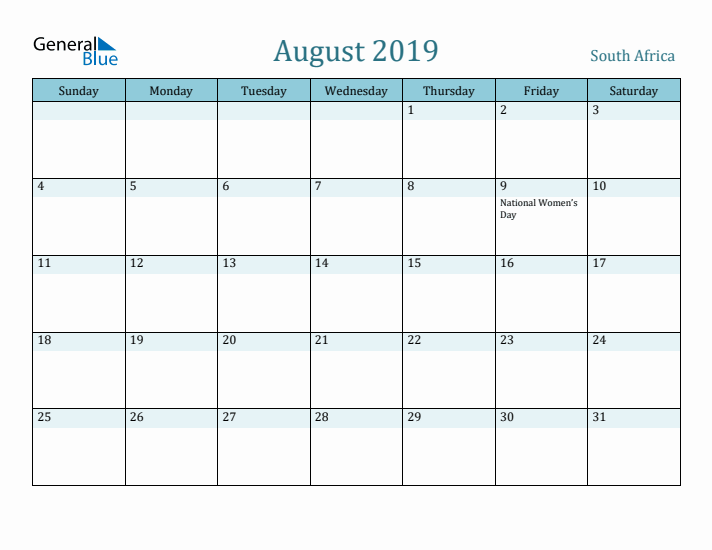 August 2019 Calendar with Holidays