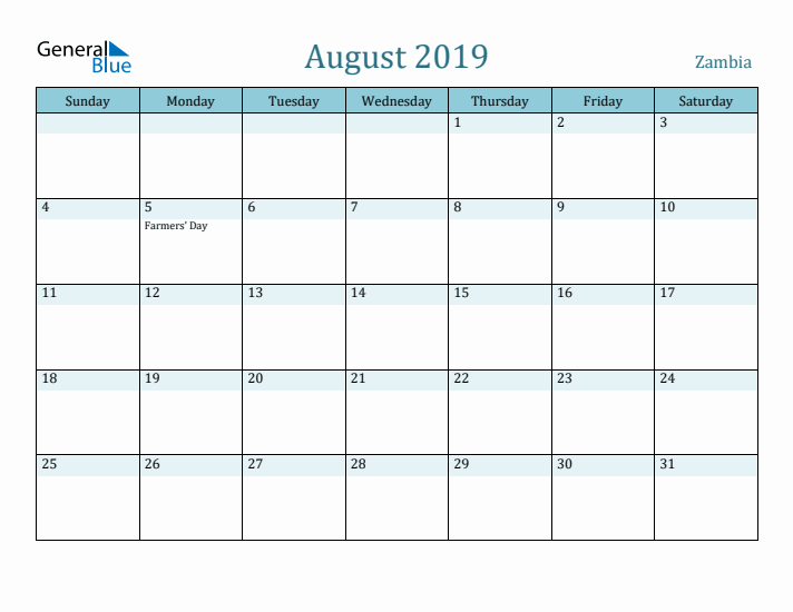 August 2019 Calendar with Holidays