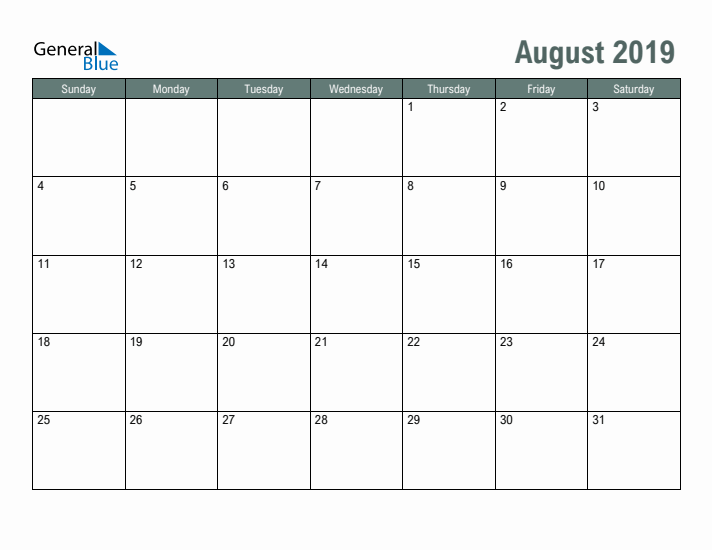 Free Printable August 2019 Calendar