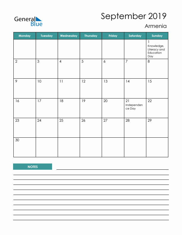 Calendar with Notes Printable - Monday Start