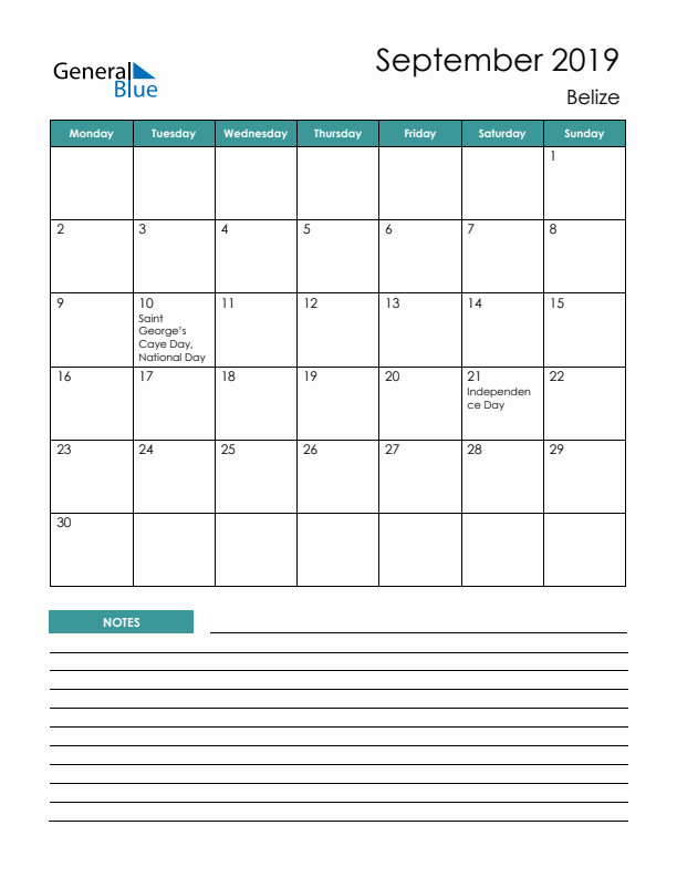 Calendar with Notes Printable - Monday Start