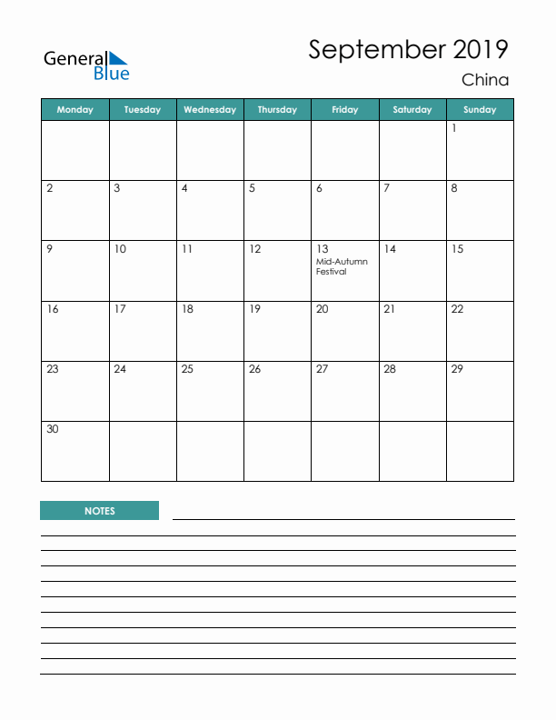 Calendar with Notes Printable - Monday Start