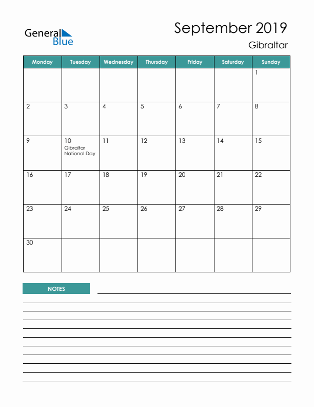 Calendar with Notes Printable - Monday Start