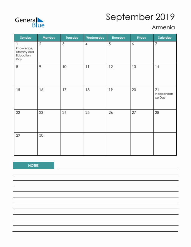 Calendar with Notes Printable - Sunday Start