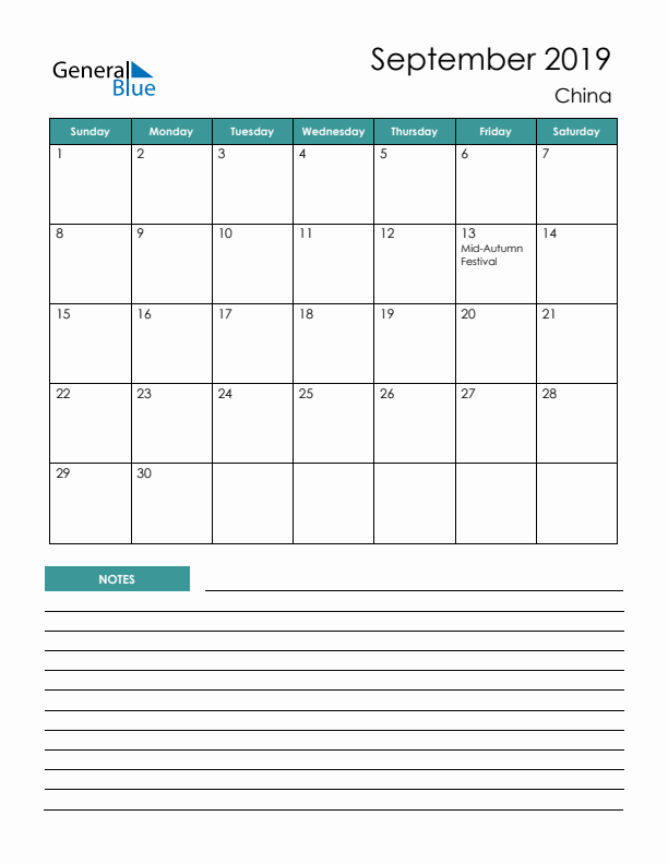 Calendar with Notes Printable - Sunday Start