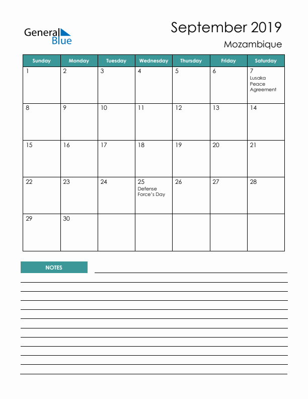 Calendar with Notes Printable - Sunday Start