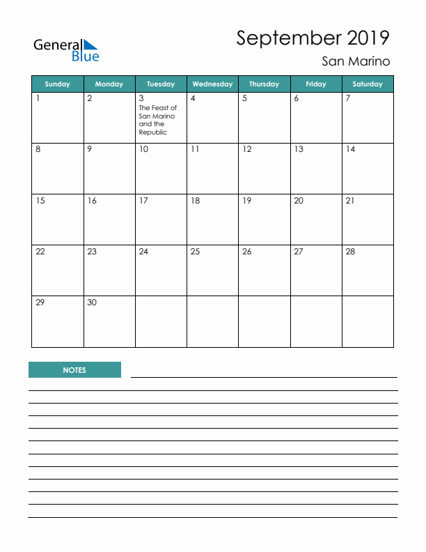 Calendar with Notes Printable - Sunday Start