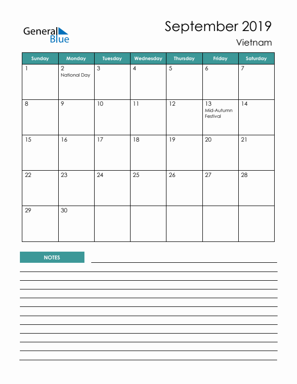 Calendar with Notes Printable - Sunday Start