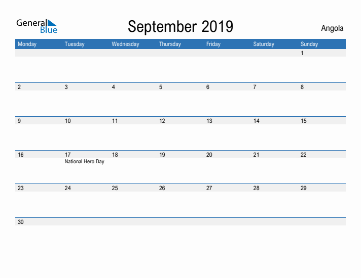 Fillable September 2019 Calendar