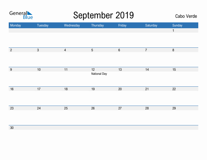 Fillable September 2019 Calendar