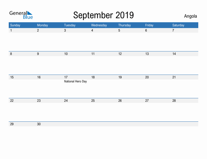 Fillable September 2019 Calendar