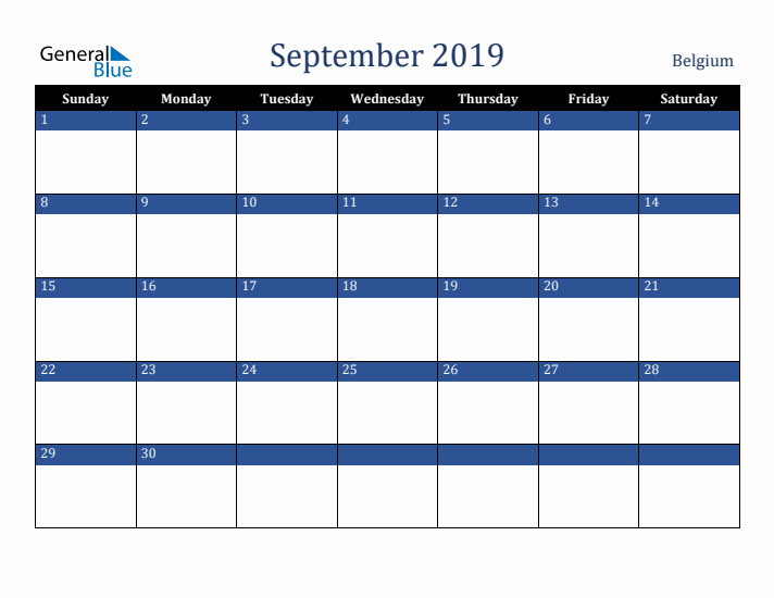 September 2019 Belgium Calendar (Sunday Start)