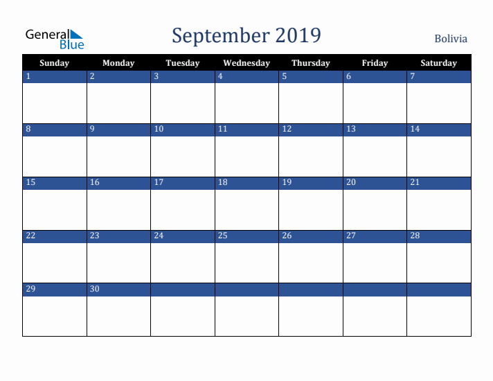 September 2019 Bolivia Calendar (Sunday Start)