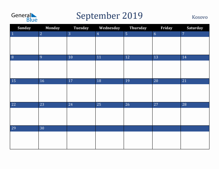 September 2019 Kosovo Calendar (Sunday Start)