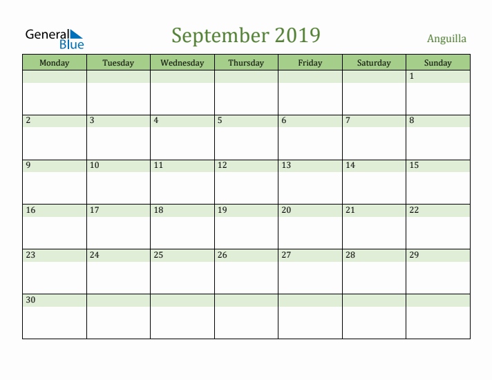 September 2019 Calendar with Anguilla Holidays