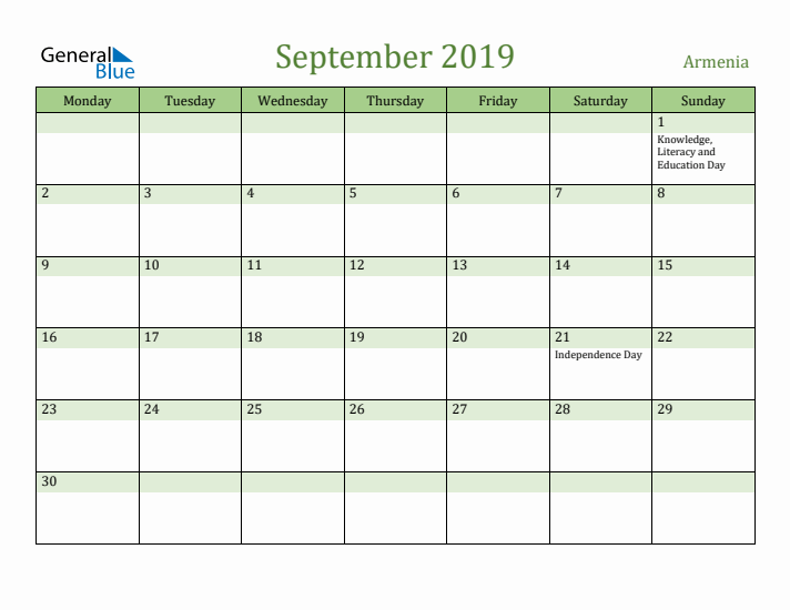 September 2019 Calendar with Armenia Holidays