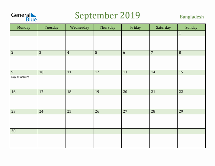 September 2019 Calendar with Bangladesh Holidays