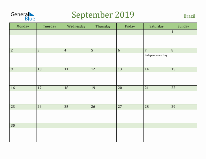 September 2019 Calendar with Brazil Holidays