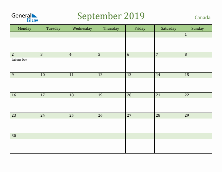 September 2019 Calendar with Canada Holidays