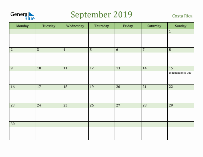 September 2019 Calendar with Costa Rica Holidays