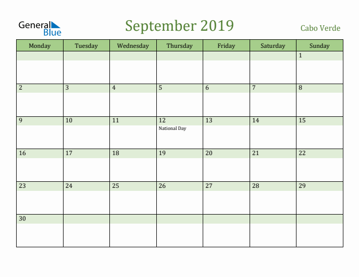 September 2019 Calendar with Cabo Verde Holidays